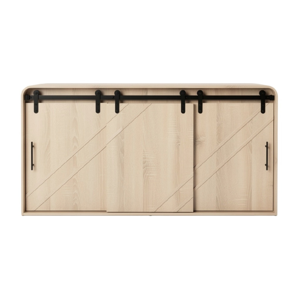 Buffet en bois clair avec portes coulissantes en acier
