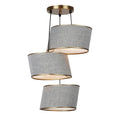 Suspension moderne à trois abat-jours en textile gris avec accents dorés